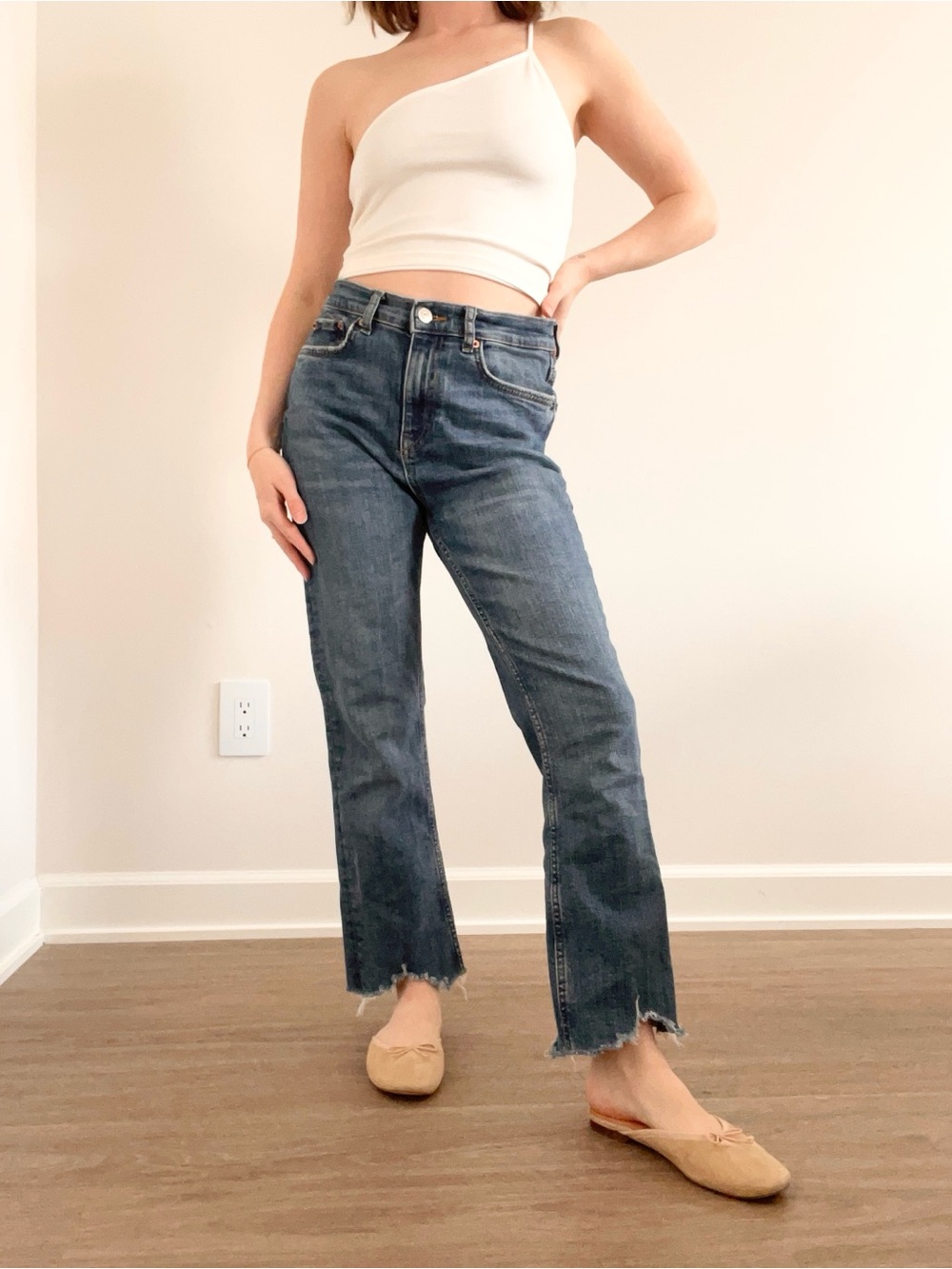 Zara Mid-Blue High Rise Straight Jeans with Raw Frayed Hem
